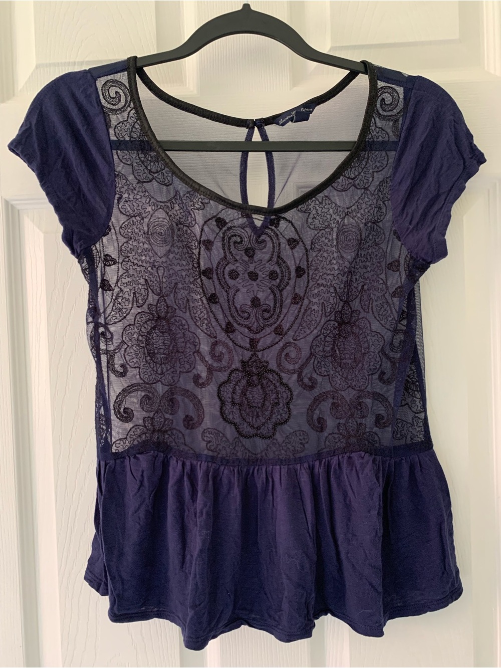 American Eagle Outfitters Navy Short-Sleeve Lace Peplum Top
